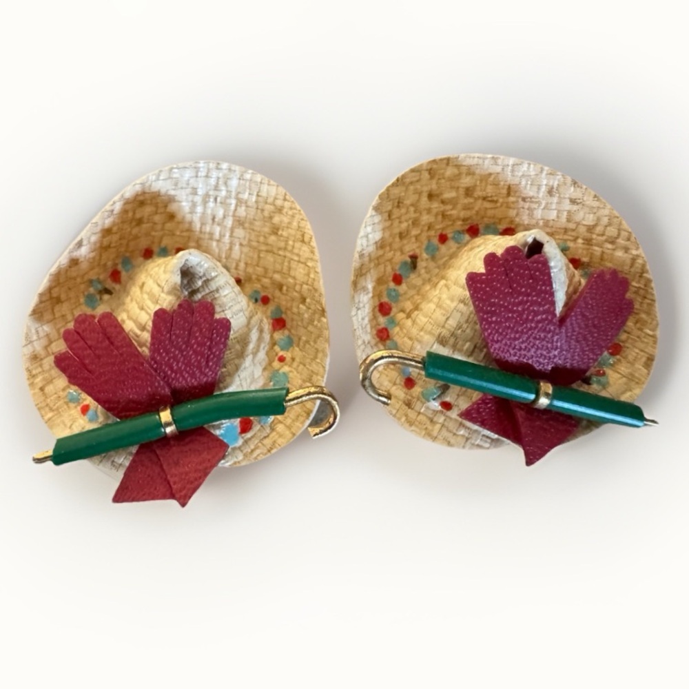 Vtg West Germany Straw Hat Clip On Earrings Peasant 1960s